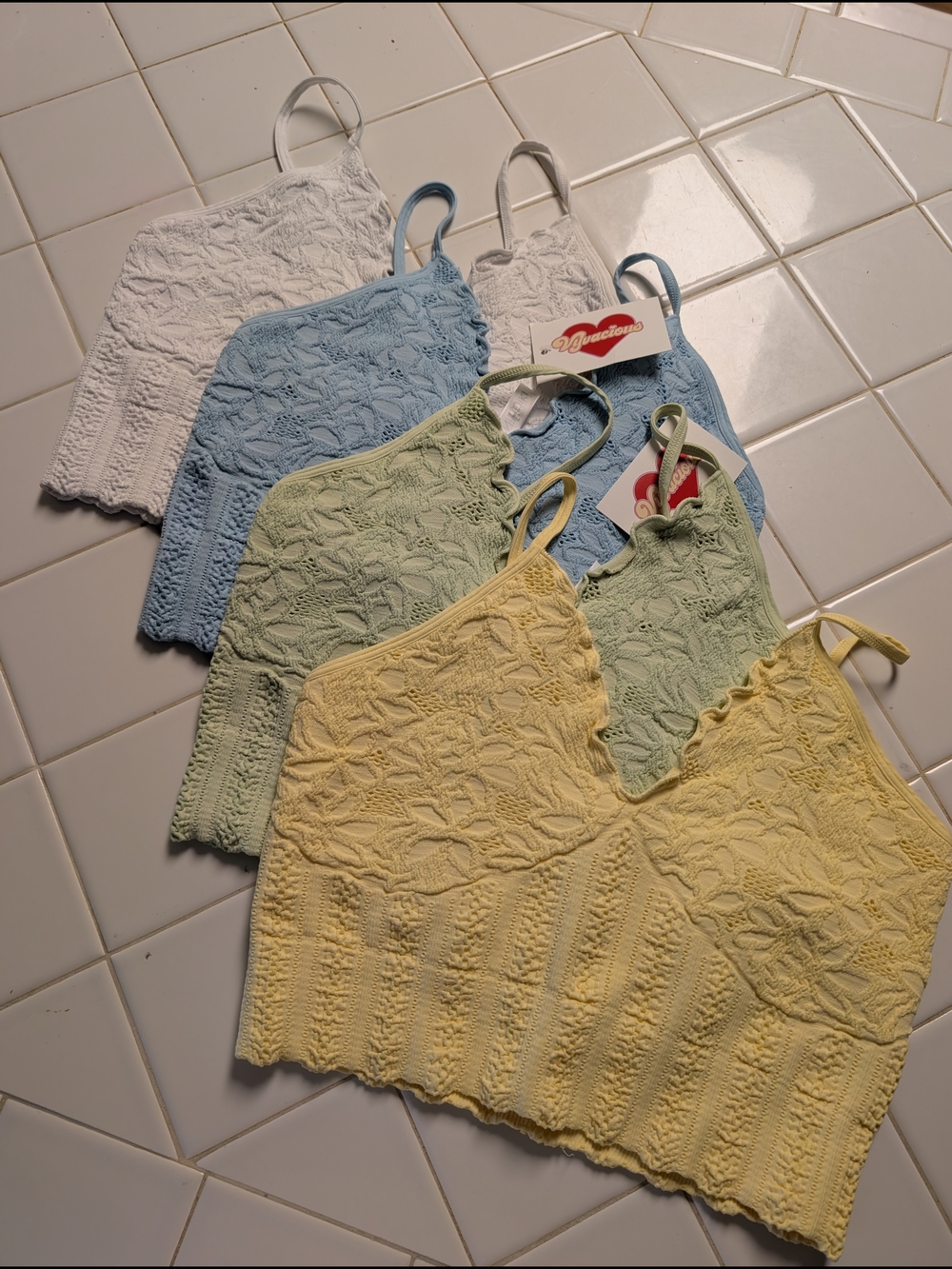 Nikibiki Lace Knit Crop Camisoles - Yellow, Sage, Sky Blue, White